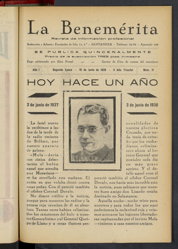 Miniatura de La Benemerita : revista profesional del 15 de junio de 1938, nº 11