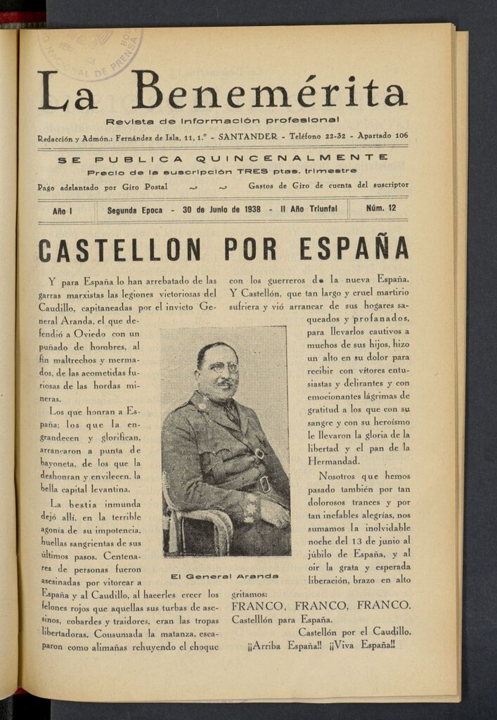 Miniatura de La Benemerita : revista profesional del 30 de junio de 1938, nº 12