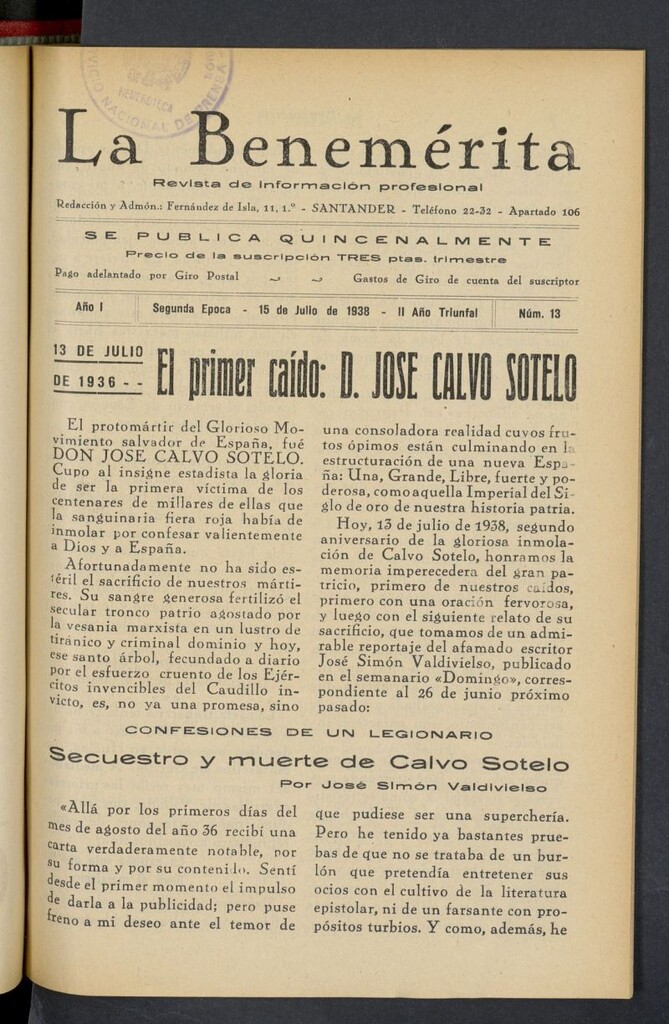 Miniatura de La Benemerita : revista profesional del 15 de julio de 1938, nº 13