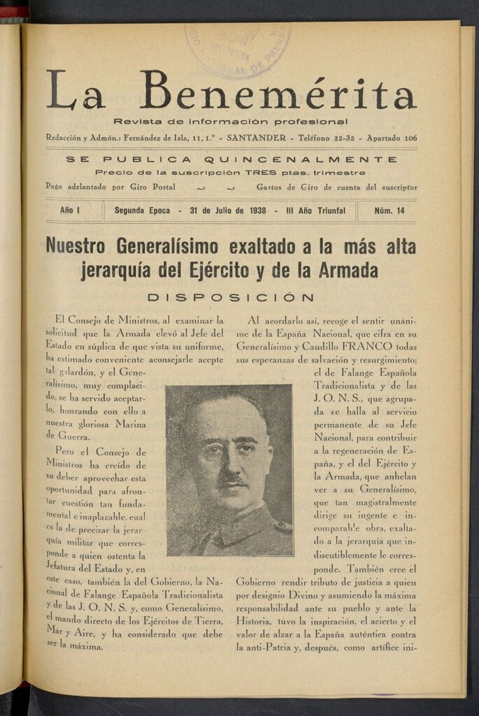 Miniatura de La Benemerita : revista profesional del 31 de julio de 1938, nº 14