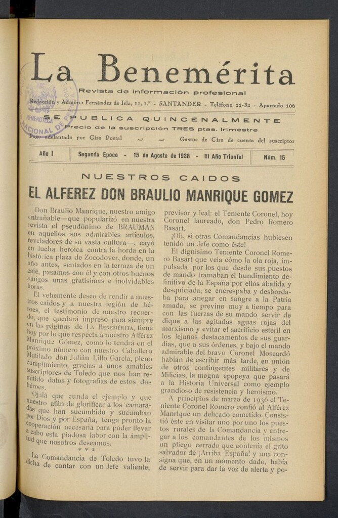 Miniatura de La Benemerita : revista profesional del 15 de agosto de 1938, nº 15