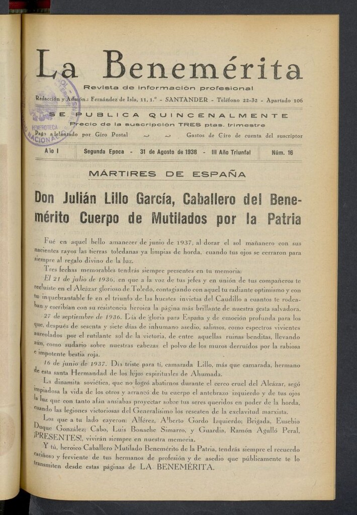 Miniatura de La Benemerita : revista profesional del 31 de agosto de 1938, nº 16