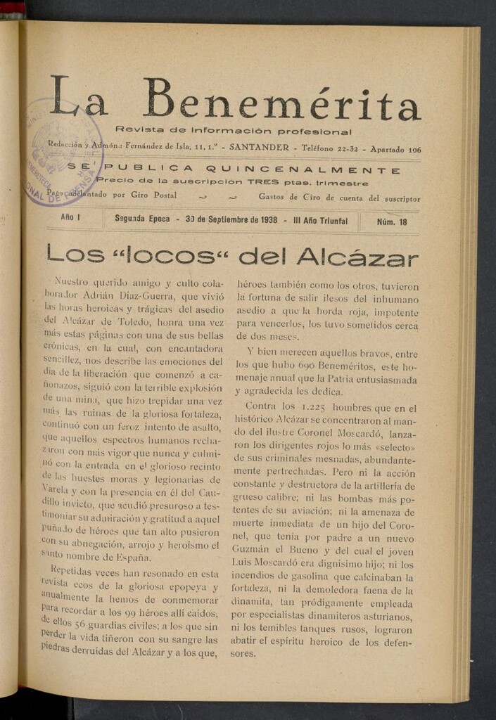 Miniatura de La Benemerita : revista profesional del 30 de septiembre de 1938, nº 18