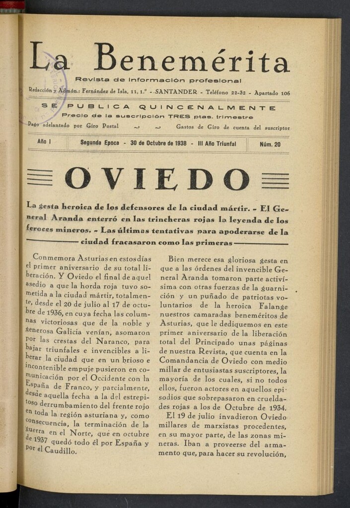 Miniatura de La Benemerita : revista profesional del 30 de octubre de 1938, nº 20