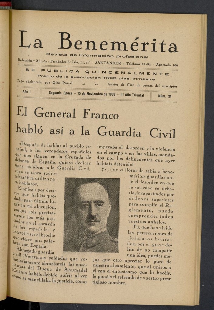 Miniatura de La Benemerita : revista profesional del 15 de noviembre de 1938, nº 21