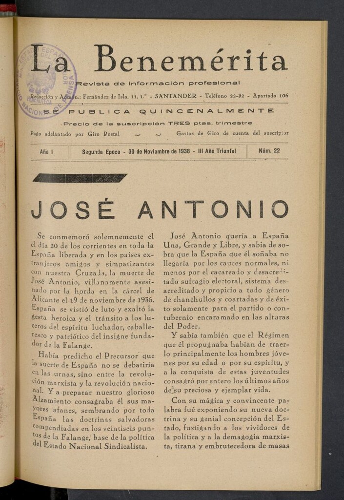 Miniatura de La Benemerita : revista profesional del 30 de noviembre de 1938, nº 22