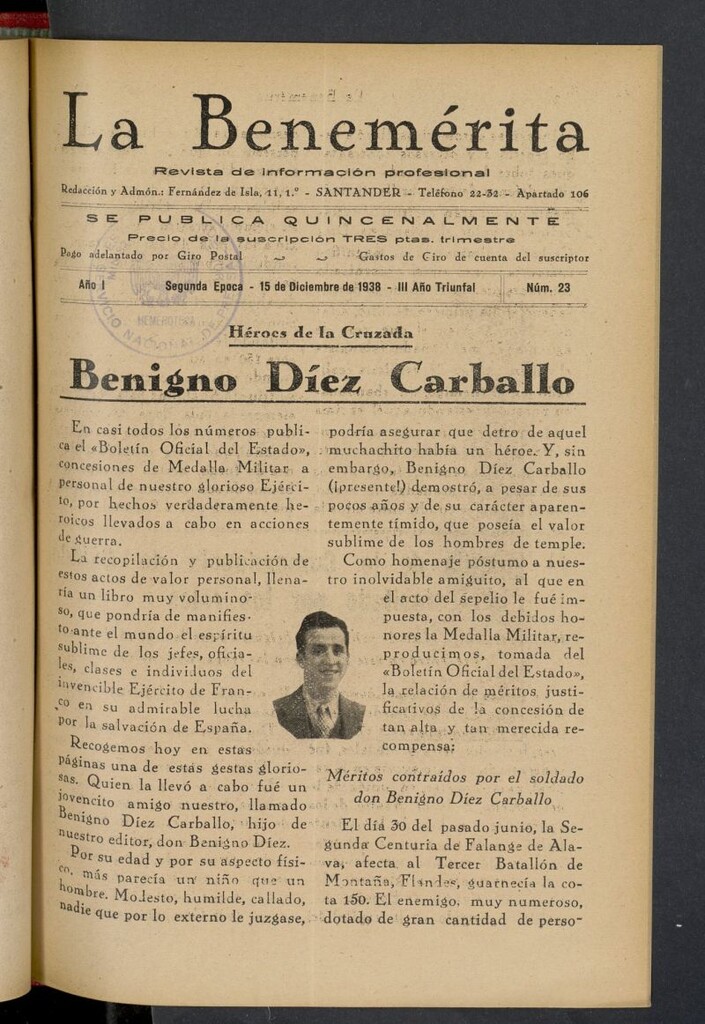 Miniatura de La Benemerita : revista profesional del 15 de diciembre de 1938, nº 23
