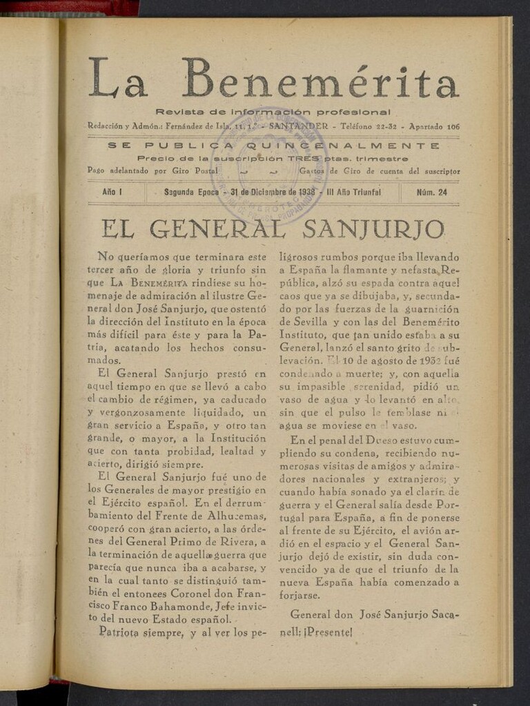 Miniatura de La Benemerita : revista profesional del 31 de diciembre de 1938, nº 24