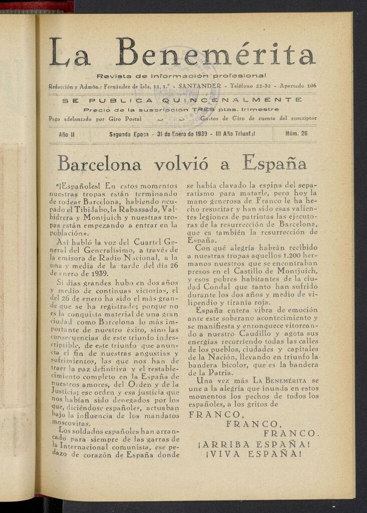 Miniatura de La Benemerita : revista profesional del 31 de enero de 1939, nº 26