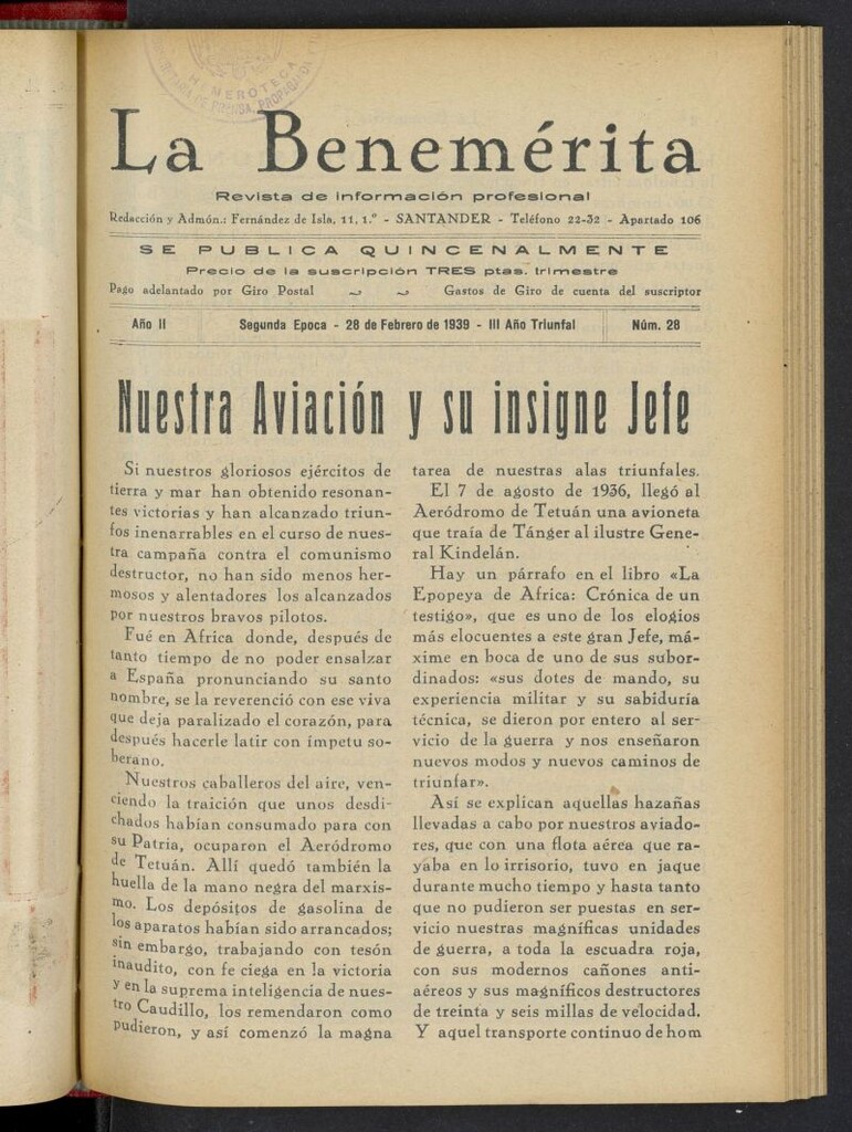 Miniatura de La Benemerita : revista profesional del 28 de febrero de 1939, nº 28