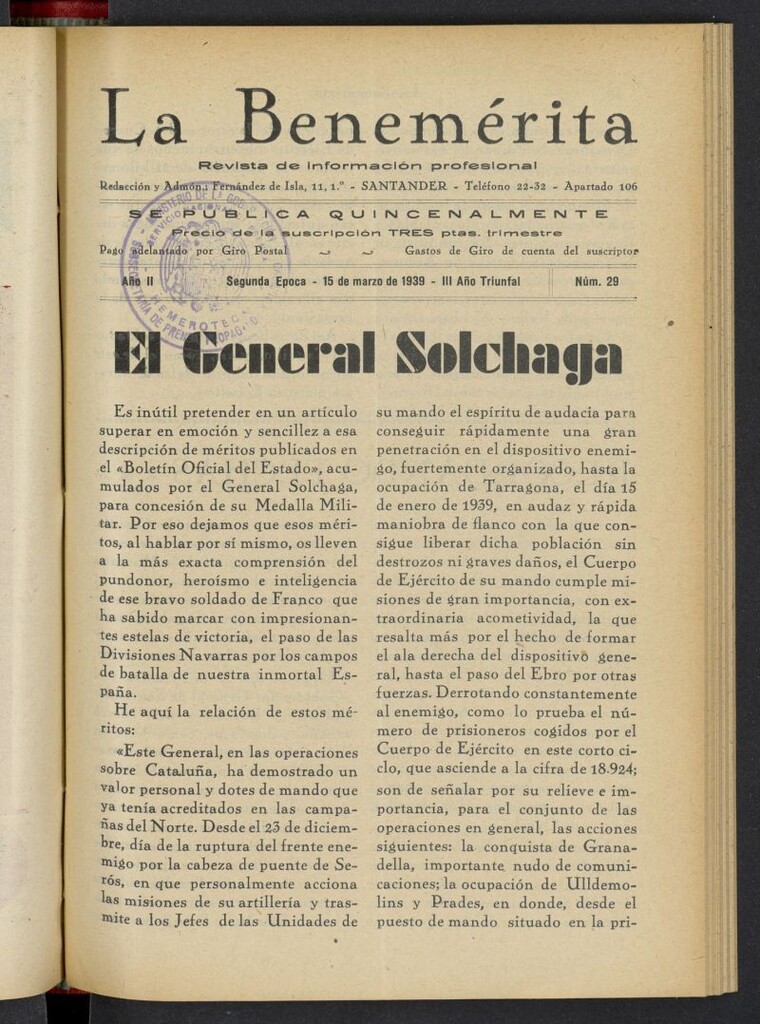 Miniatura de La Benemerita : revista profesional del 15 de marzo de 1939, nº 29