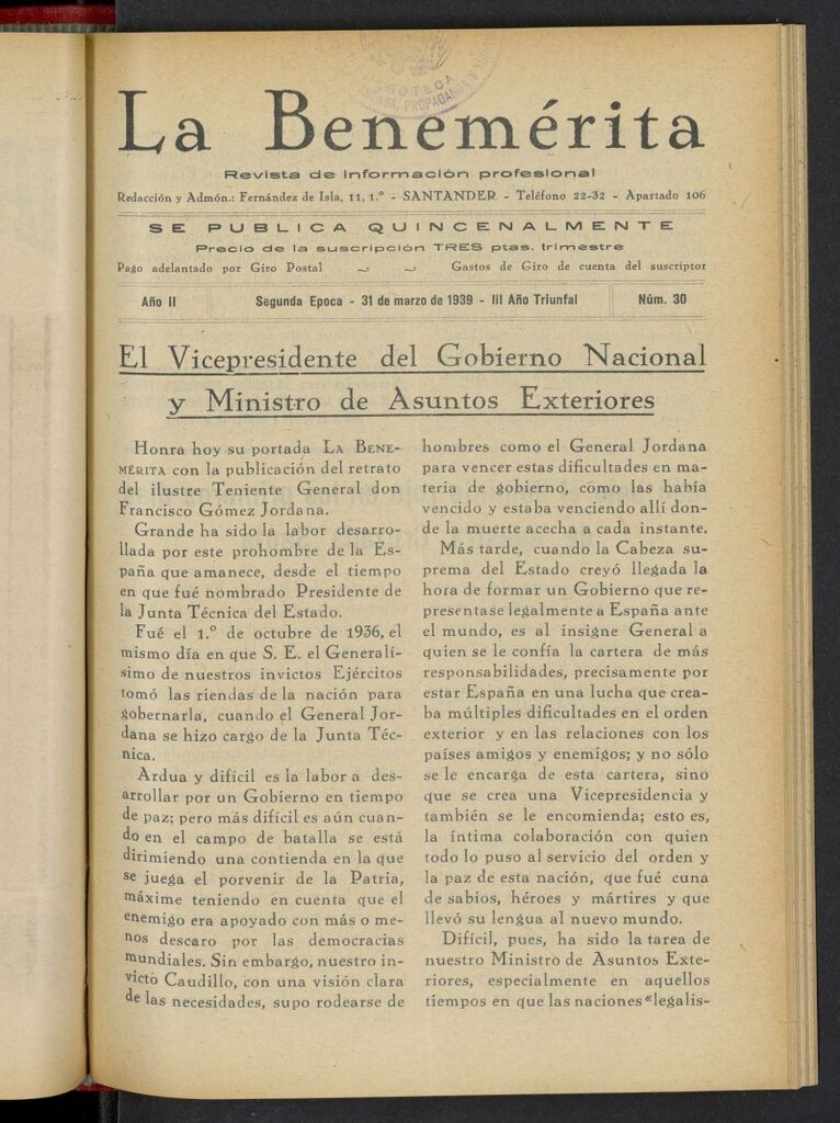 Miniatura de La Benemerita : revista profesional del 31 de marzo de 1939, nº 30
