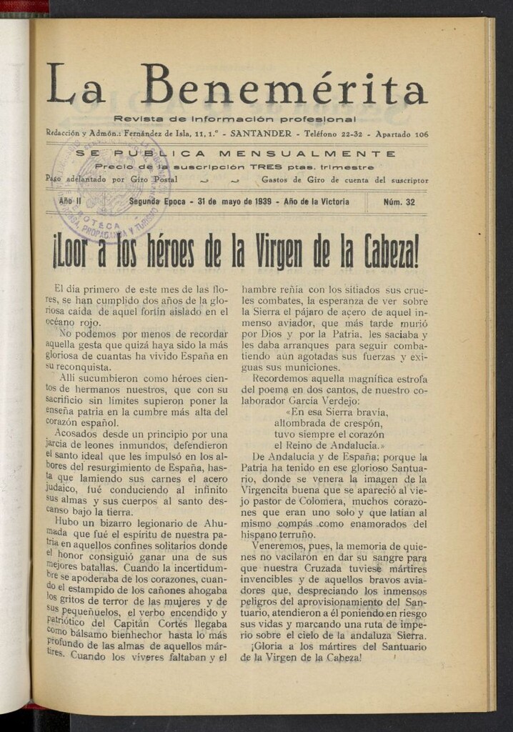 Miniatura de La Benemerita : revista profesional del 31 de mayo de 1939, nº 32