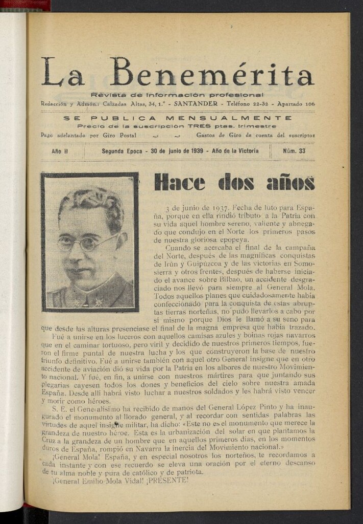 Miniatura de La Benemerita : revista profesional del 30 de junio de 1939, nº 33
