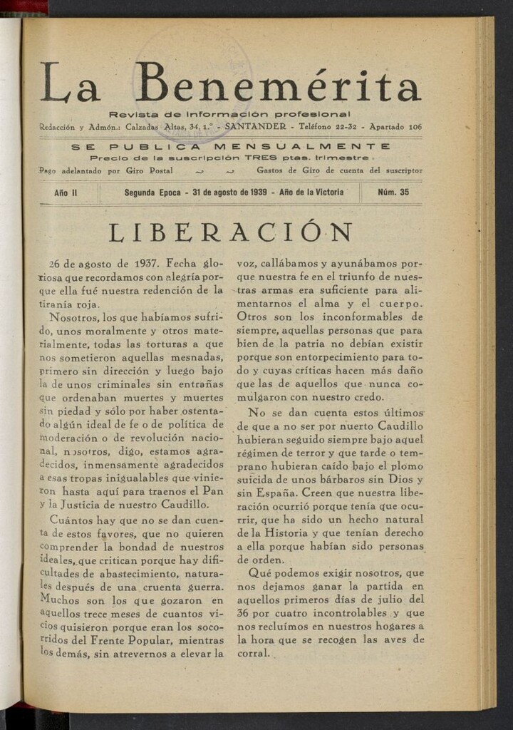 Miniatura de La Benemerita : revista profesional del 31 de agosto de 1939, nº 35