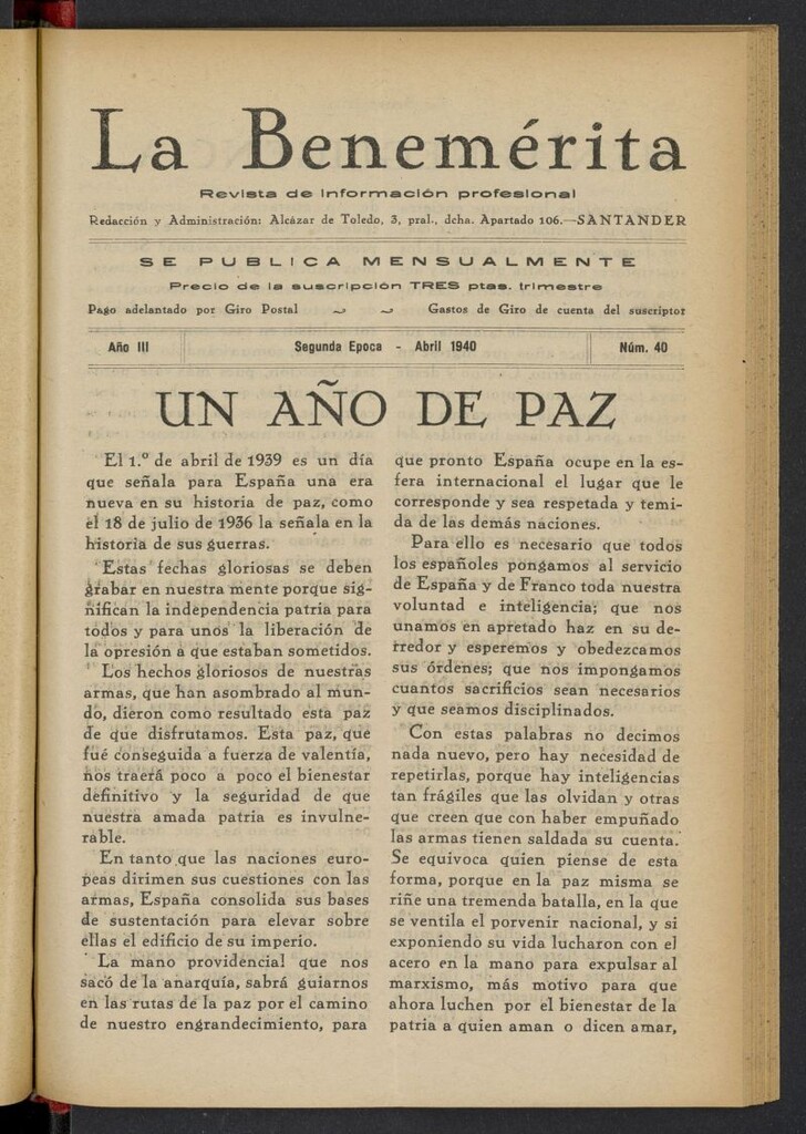 Miniatura de La Benemerita : revista profesional de abril de 1940, nº 40
