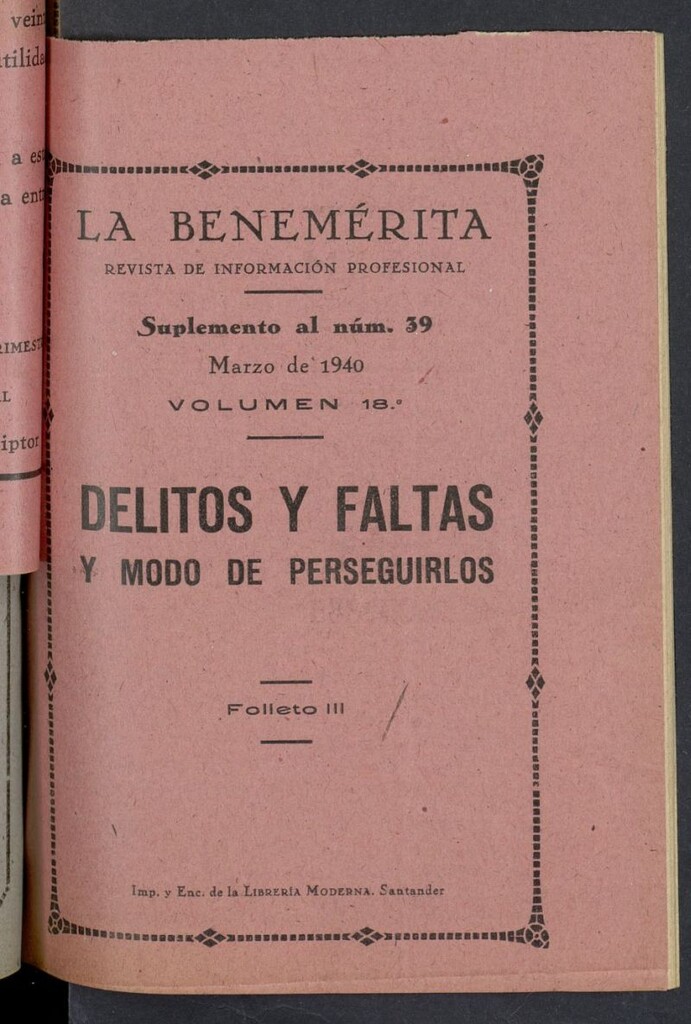 Miniatura de La Benemerita : revista profesional de marzo de 1940, suplemento al nº 39