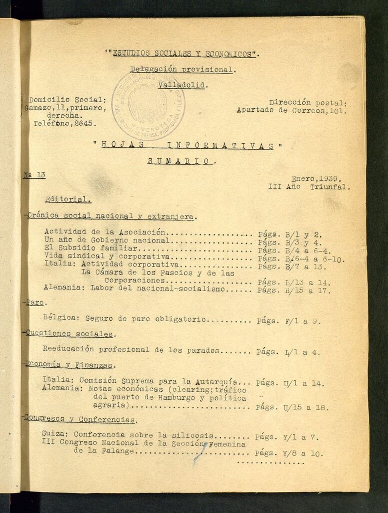 Miniatura de Estudios sociales y económicos : hojas informativas de enero de 1939, nº 13
