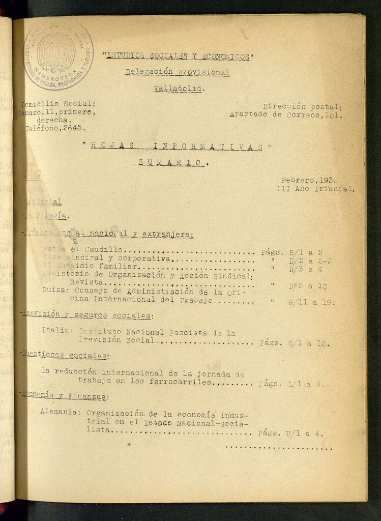 Miniatura de Estudios sociales y económicos : hojas informativas de febrero de 1939, nº 14