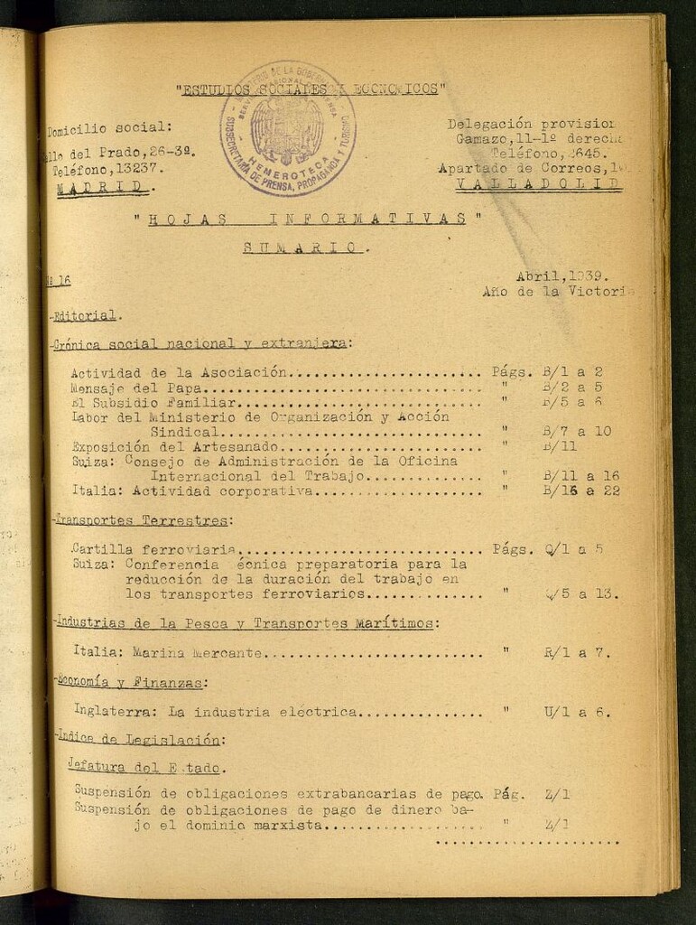 Miniatura de Estudios sociales y económicos : hojas informativas de abril de 1939, nº 16