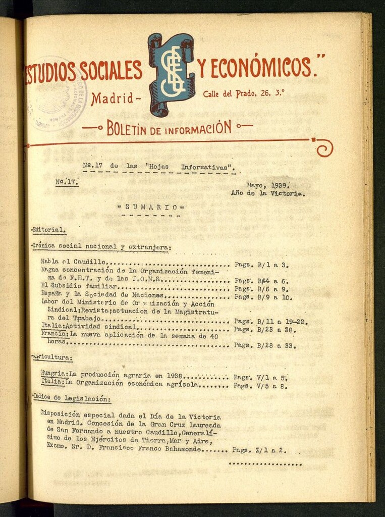 Miniatura de Estudios sociales y económicos : hojas informativas de mayo de 1939, nº 17