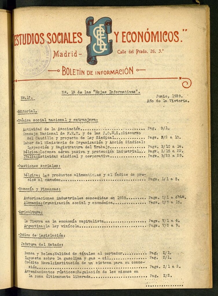 Miniatura de Estudios sociales y económicos : hojas informativas de junio de 1939, nº 18