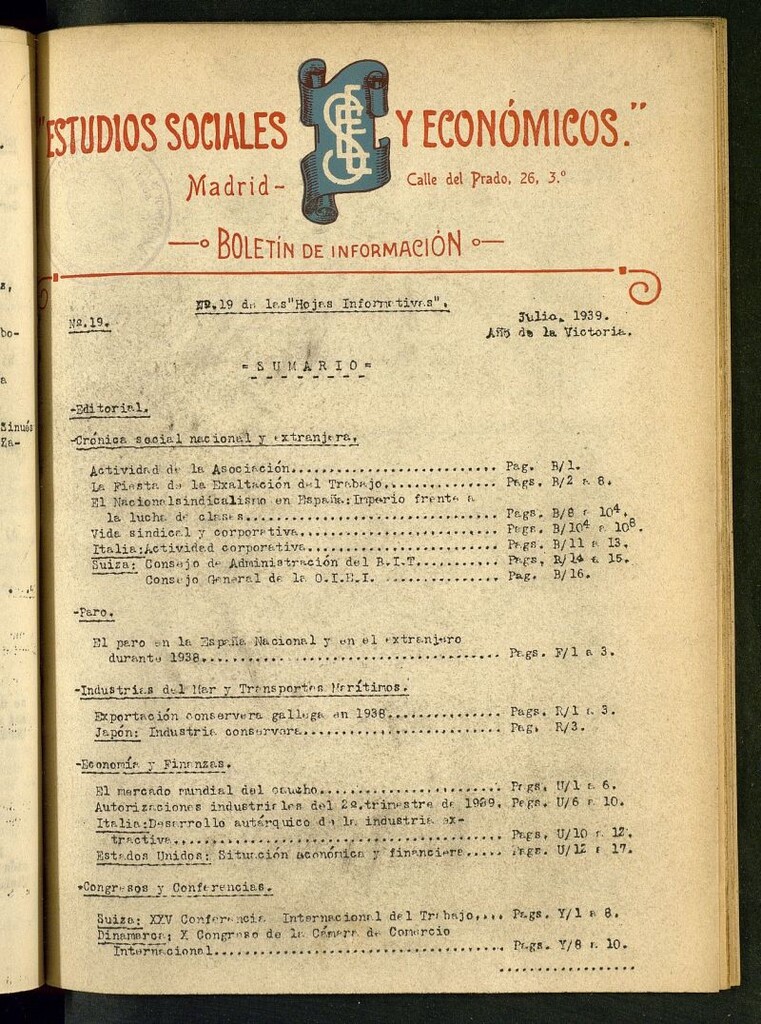 Miniatura de Estudios sociales y económicos : hojas informativas de julio de 1939, nº 19