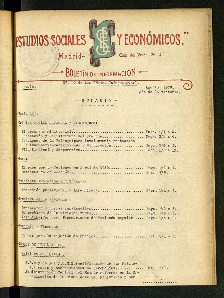 Miniatura de Estudios sociales y económicos : hojas informativas de agosto de 1939, nº 20