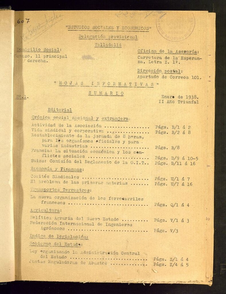 Miniatura de Estudios sociales y económicos : hojas informativas de enero de 1938, nº 1