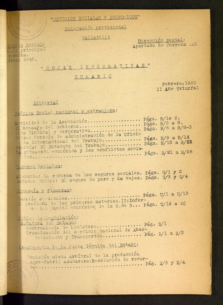 Miniatura de Estudios sociales y económicos : hojas informativas de febrero de 1938, nº 2