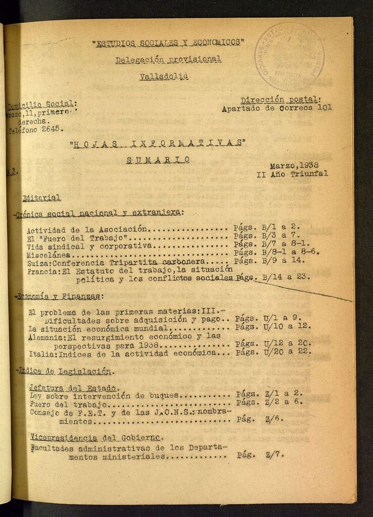 Miniatura de Estudios sociales y económicos : hojas informativas de marzo de 1938, nº 3