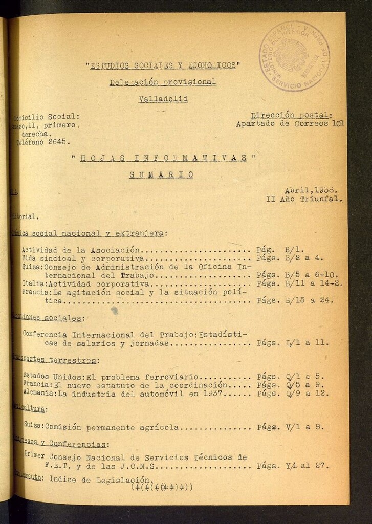 Miniatura de Estudios sociales y económicos : hojas informativas de abril de 1938, nº 4