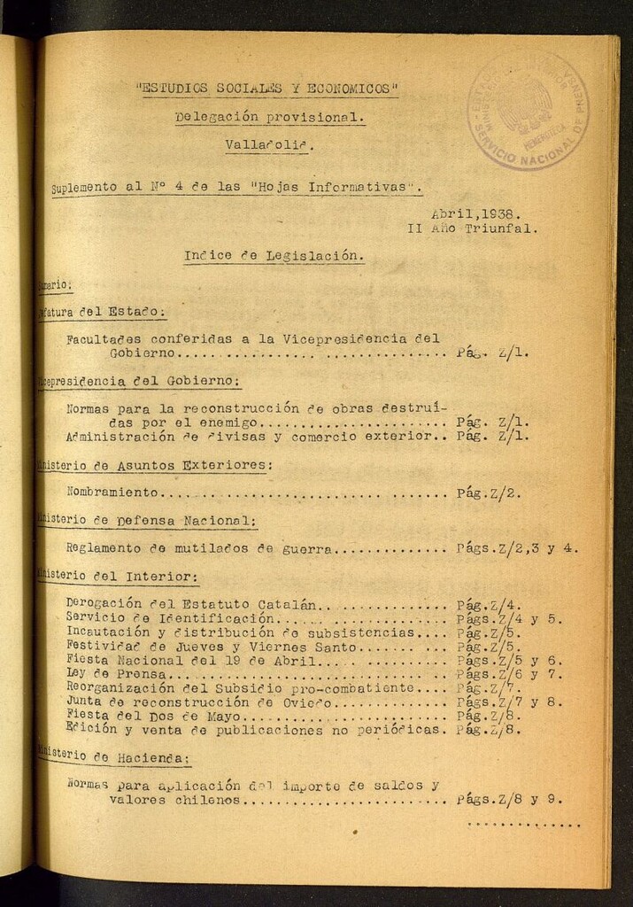 Miniatura de Estudios sociales y económicos : hojas informativas de abril  de 1938, suplemento al nº 4