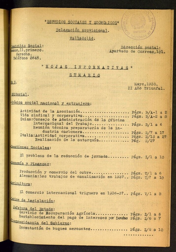 Miniatura de Estudios sociales y económicos : hojas informativas de mayo de 1938, nº 5