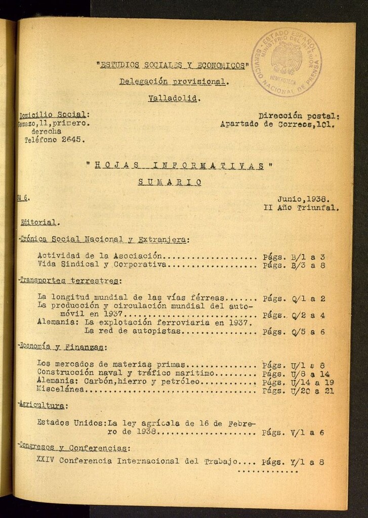 Miniatura de Estudios sociales y económicos : hojas informativas de junio de 1938, nº 6
