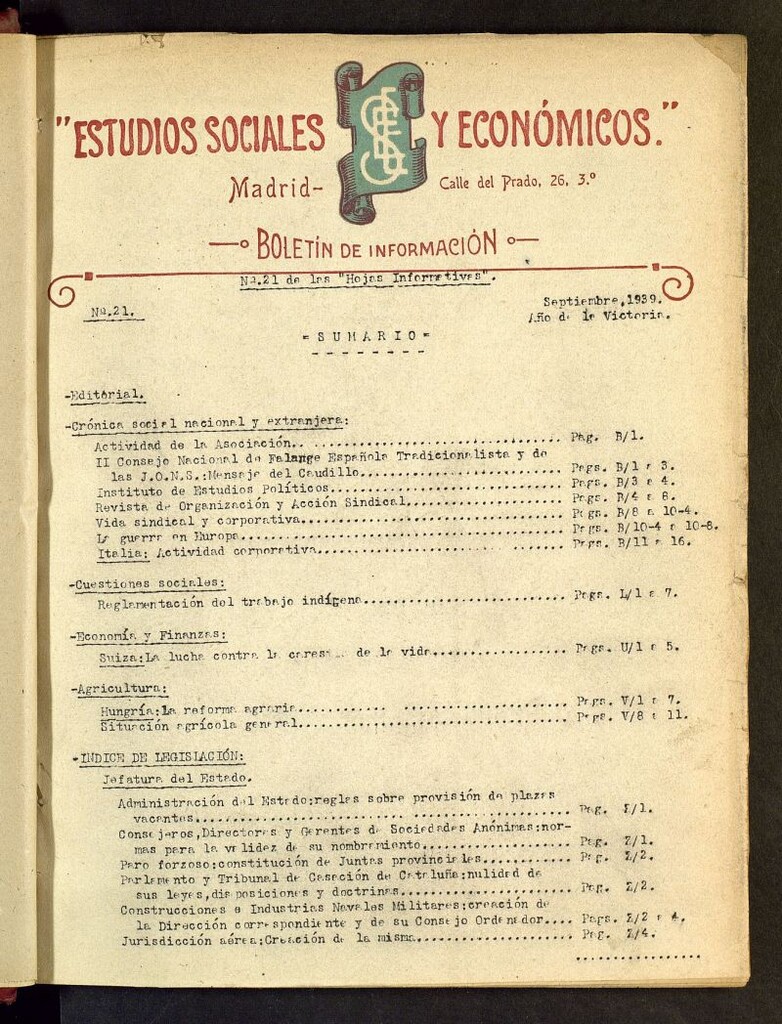 Miniatura de Estudios sociales y económicos : hojas informativas de septiembre de 1939, nº 21