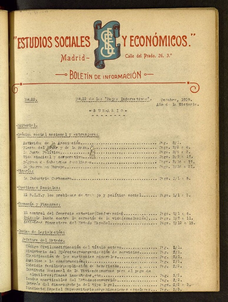 Miniatura de Estudios sociales y económicos : hojas informativas de octubre de 1939, nº 22