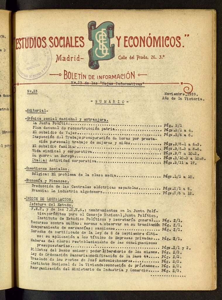 Miniatura de Estudios sociales y económicos : hojas informativas de noviembre de 1939, nº 23