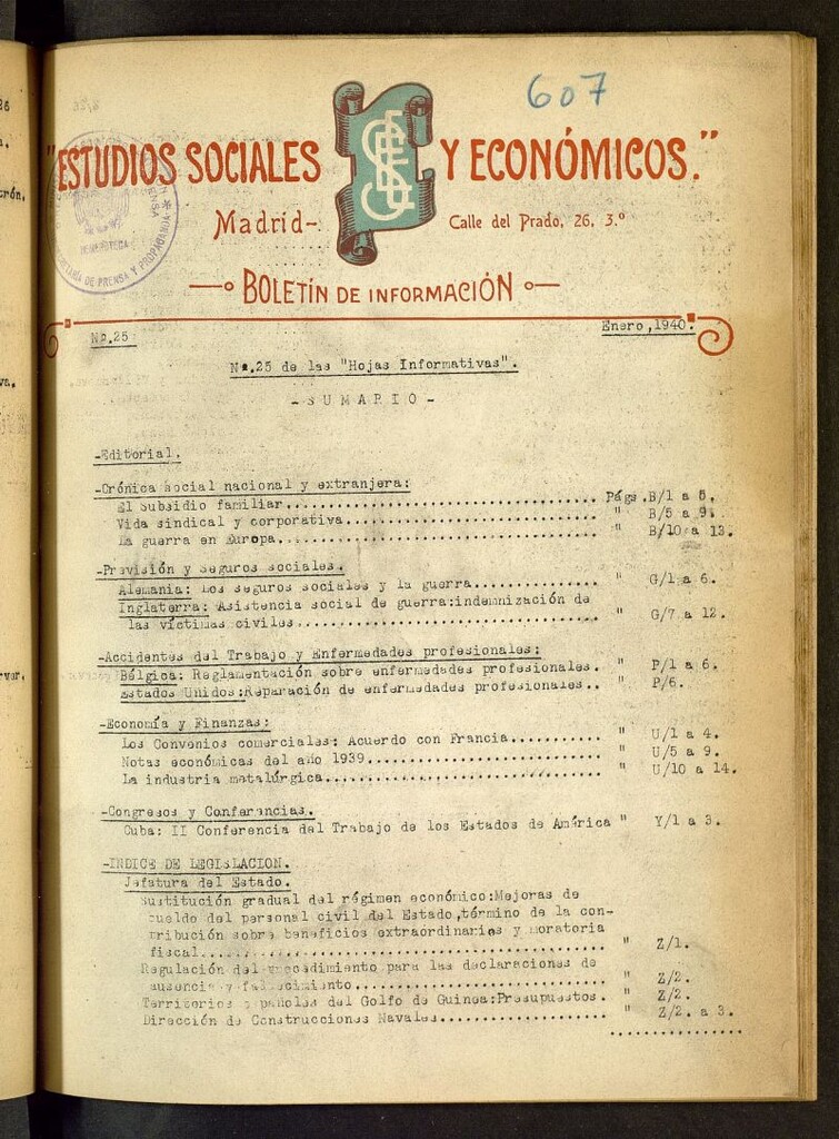 Miniatura de Estudios sociales y económicos : hojas informativas de enero de 1940, nº 25
