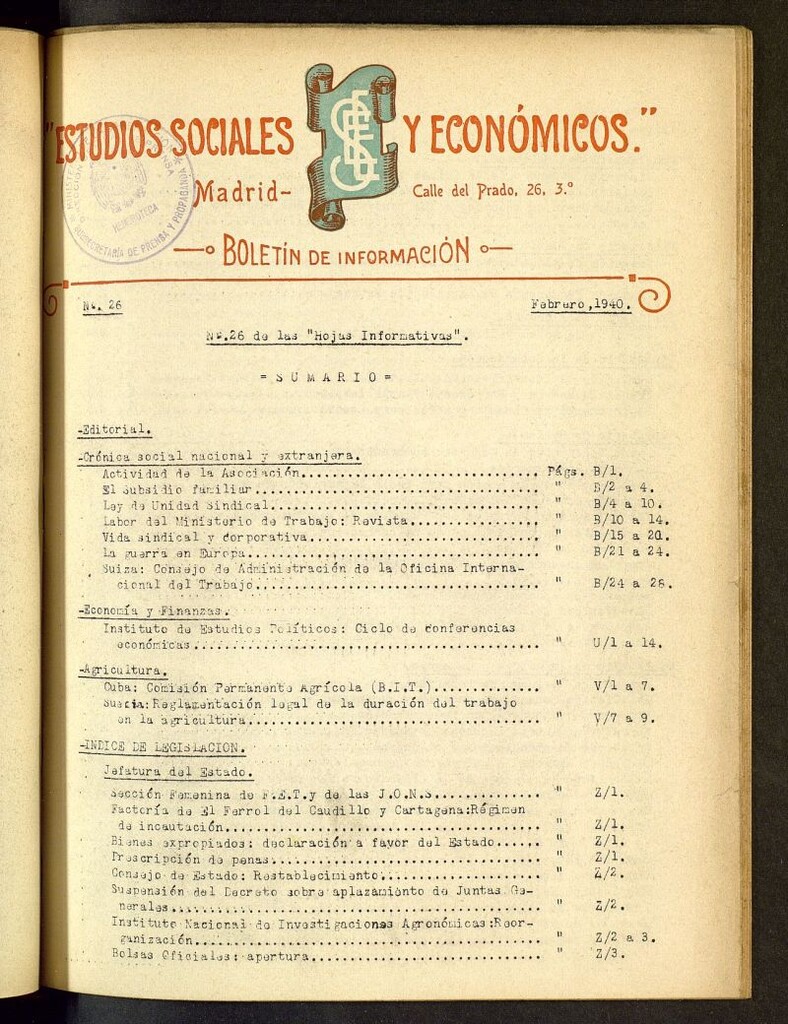 Miniatura de Estudios sociales y económicos : hojas informativas de febrero de 1940, nº 26