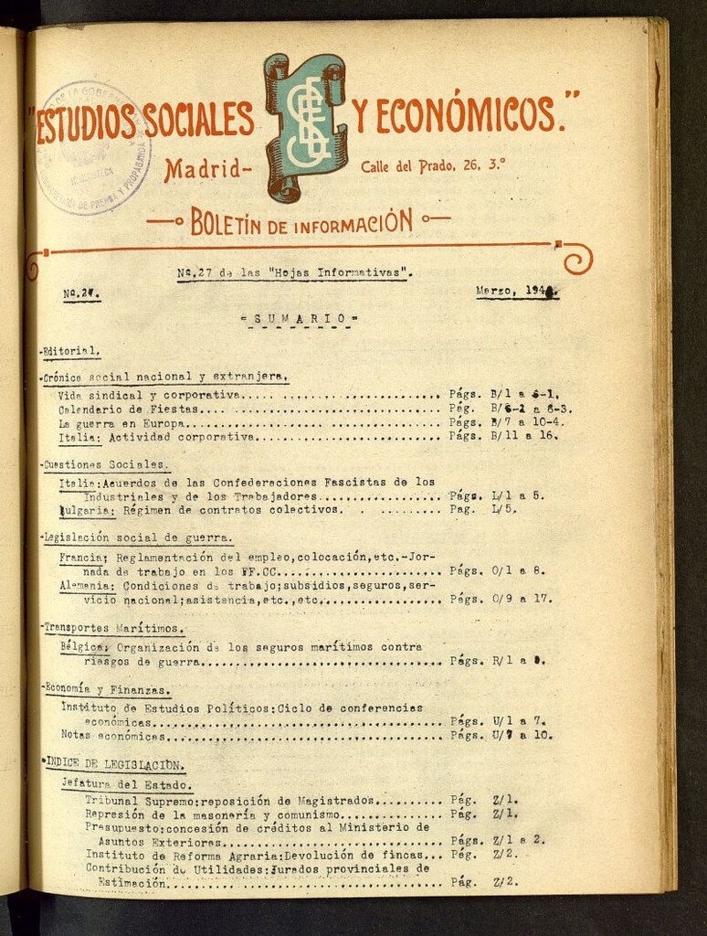 Miniatura de Estudios sociales y económicos : hojas informativas de marzo de 1940, nº 27