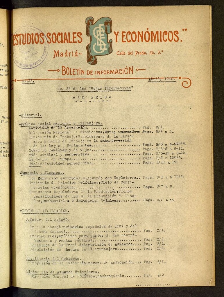 Miniatura de Estudios sociales y económicos : hojas informativas de abril de 1940, nº 28
