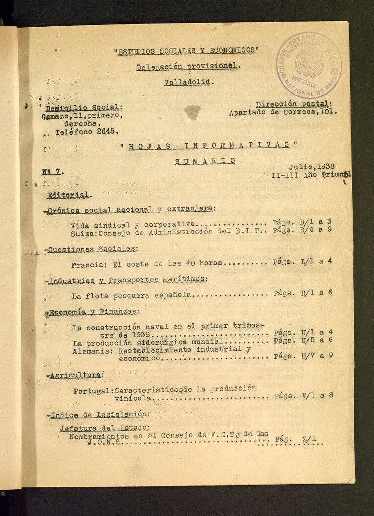 Miniatura de Estudios sociales y económicos : hojas informativas de julio de 1938, nº 7