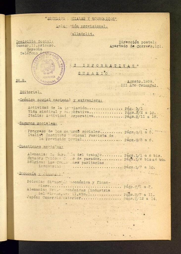 Miniatura de Estudios sociales y económicos : hojas informativas de agosto de 1938, nº 8