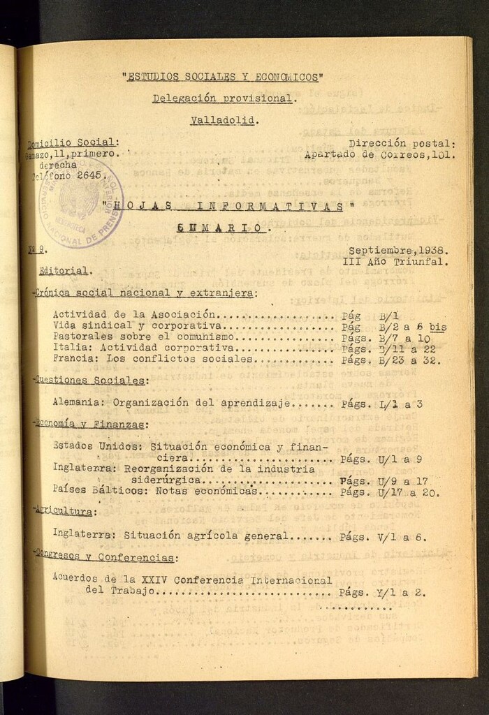 Miniatura de Estudios sociales y económicos : hojas informativas de septiembre de 1938, nº 9