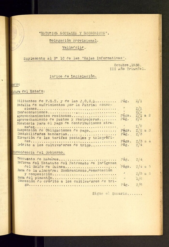 Miniatura de Estudios sociales y económicos : hojas informativas de octubre de 1938, suplemento al nº 10