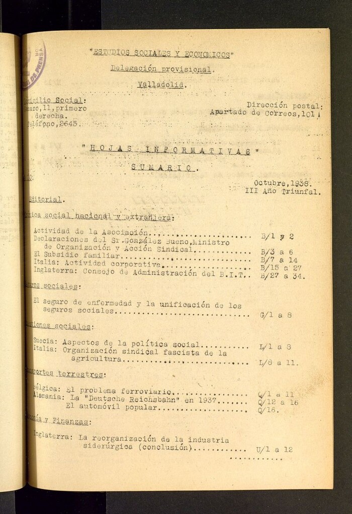 Miniatura de Estudios sociales y económicos : hojas informativas de octubre de 1938, nº 10