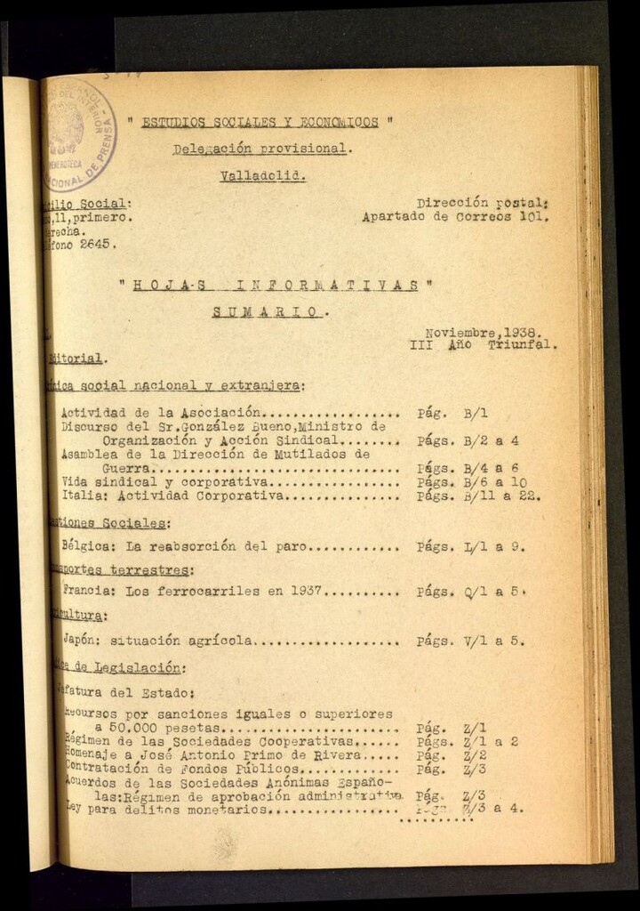 Miniatura de Estudios sociales y económicos : hojas informativas de noviembre de 1938, nº 11
