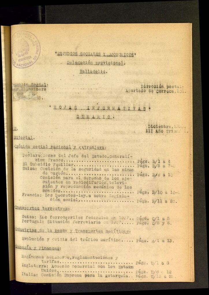 Miniatura de Estudios sociales y económicos : hojas informativas de diciembre de 1938, nº 12