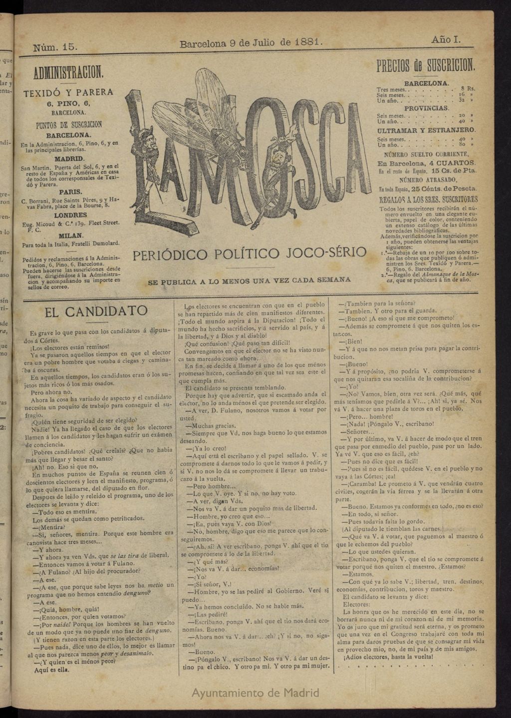 Miniatura de La Mosca : periódico joco-serio del 9 de julio de 1881, nº 15